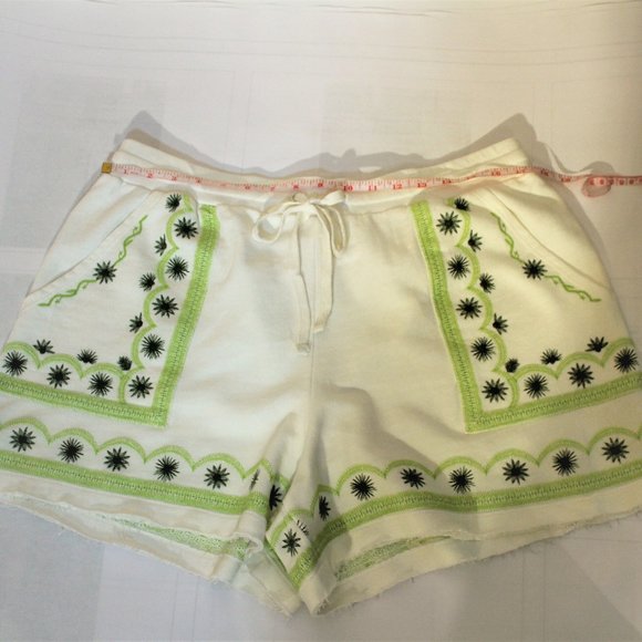 Anthropologie White Green Embroidered Drawstring Boho Shorts Cotton Large - Picture 5 of 7